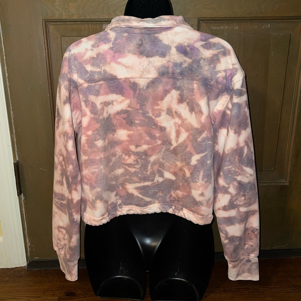 Gray Pink Colorful Acid Wash Quarter Zip Crop Long Sleeve Boho Pullover Size M - Picture 6 of 13